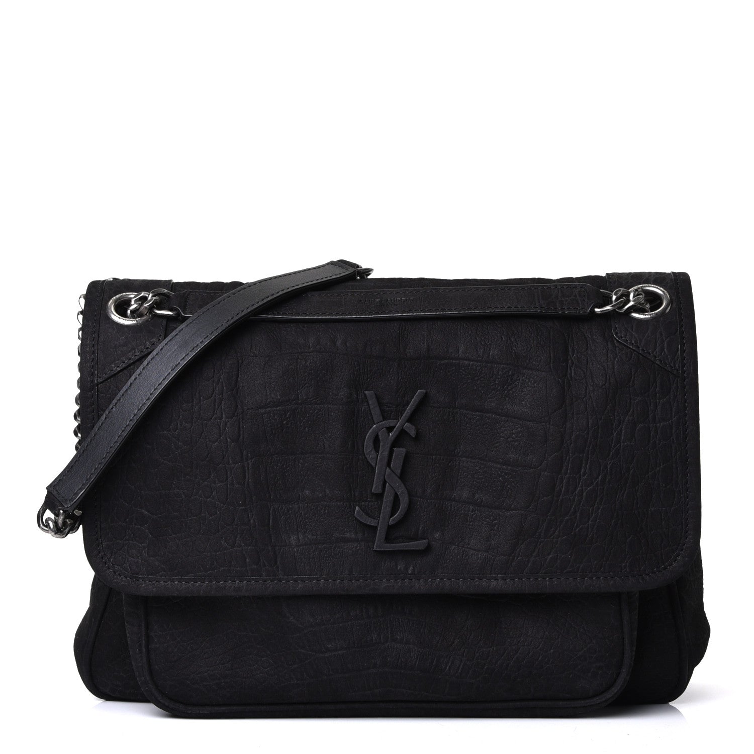 Saint Laurent Nubuck Crocodile Embossed Monogram Medium Niki Chain Satchel Black 2 of 10