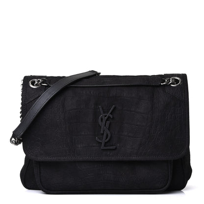 Saint Laurent Nubuck Crocodile Embossed Monogram Medium Niki Chain Satchel Black 2 of 10