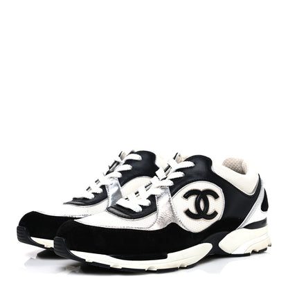 Chanel Mesh Suede Calfskin Grained Calfskin Womens CC Sneakers 39 Black White Silver 4 of 11