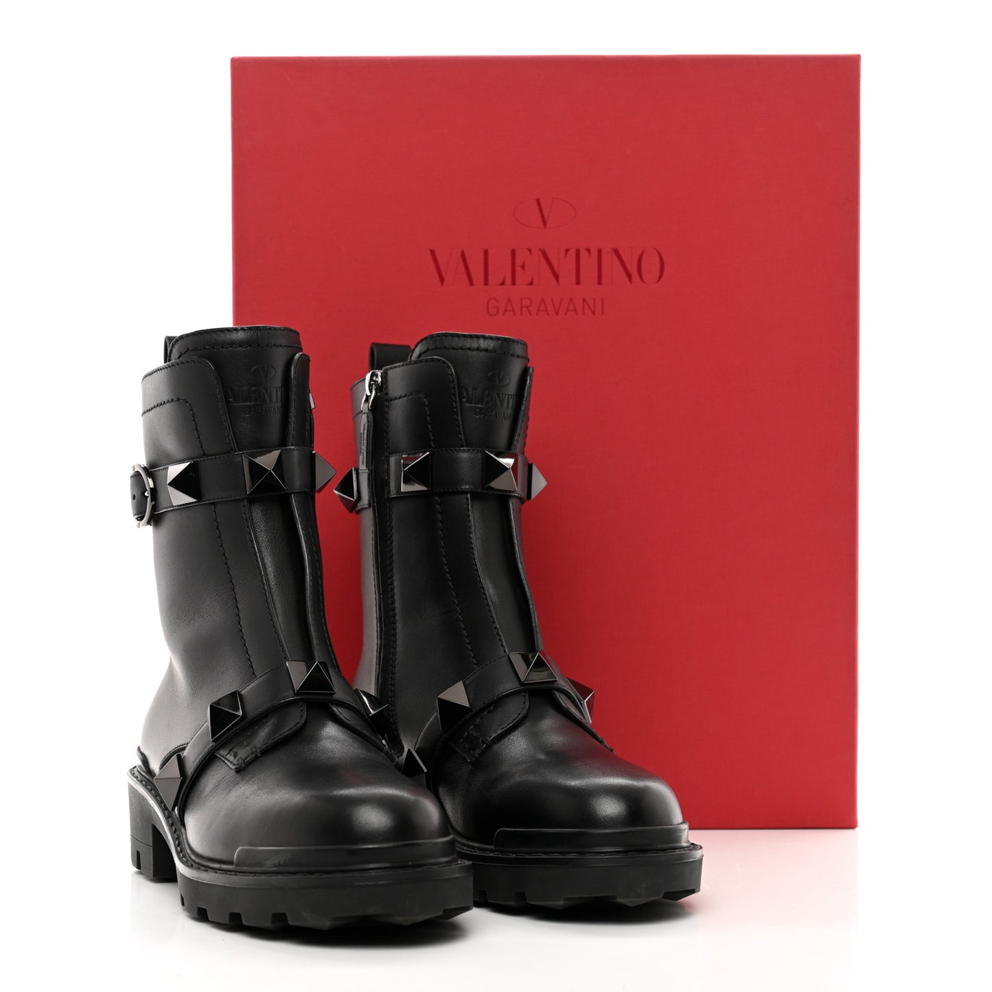 Calfskin Tonal Roman Stud 20/40mm Combat Boots 40 Black