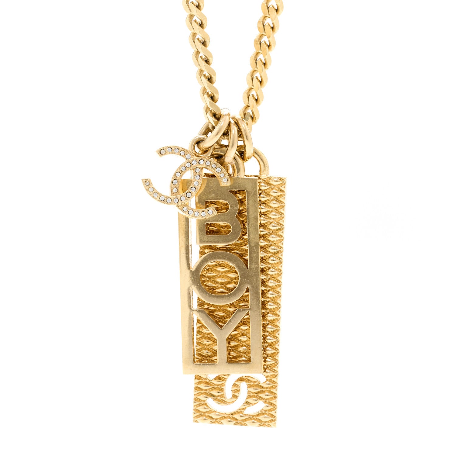 Chanel Metal Crystal CC Boy Pendant Long Necklace Gold 4 of 6