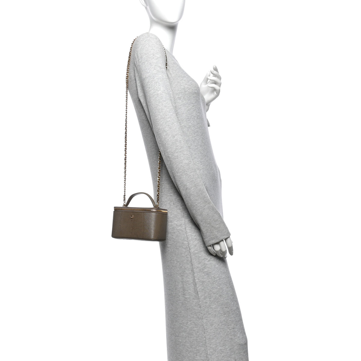 Chanel Calfskin Lizard Embossed Top Handle Vanity With Chain  Dark Khaki 2 of 11