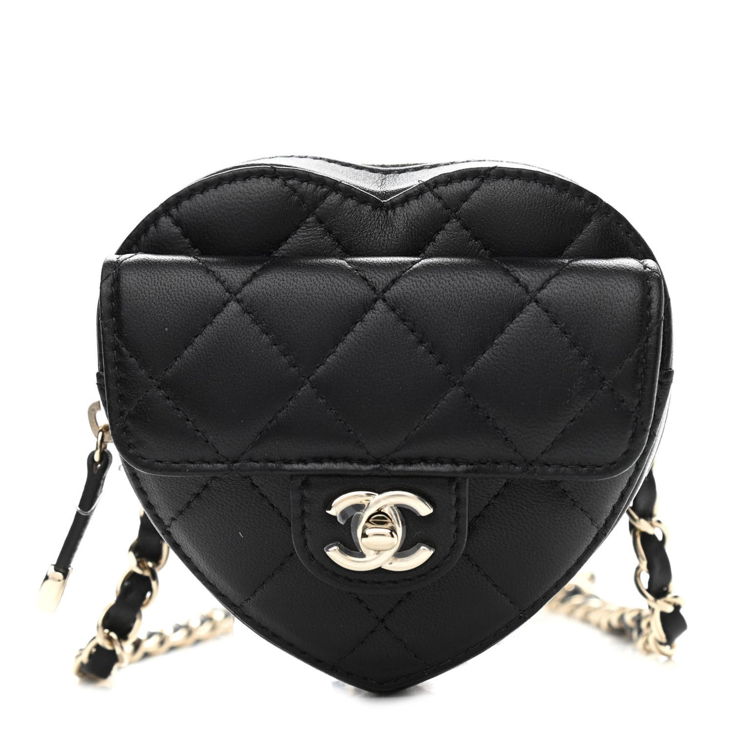 Lambskin Quilted CC In Love Heart Waist Belt Bag With Chain Black