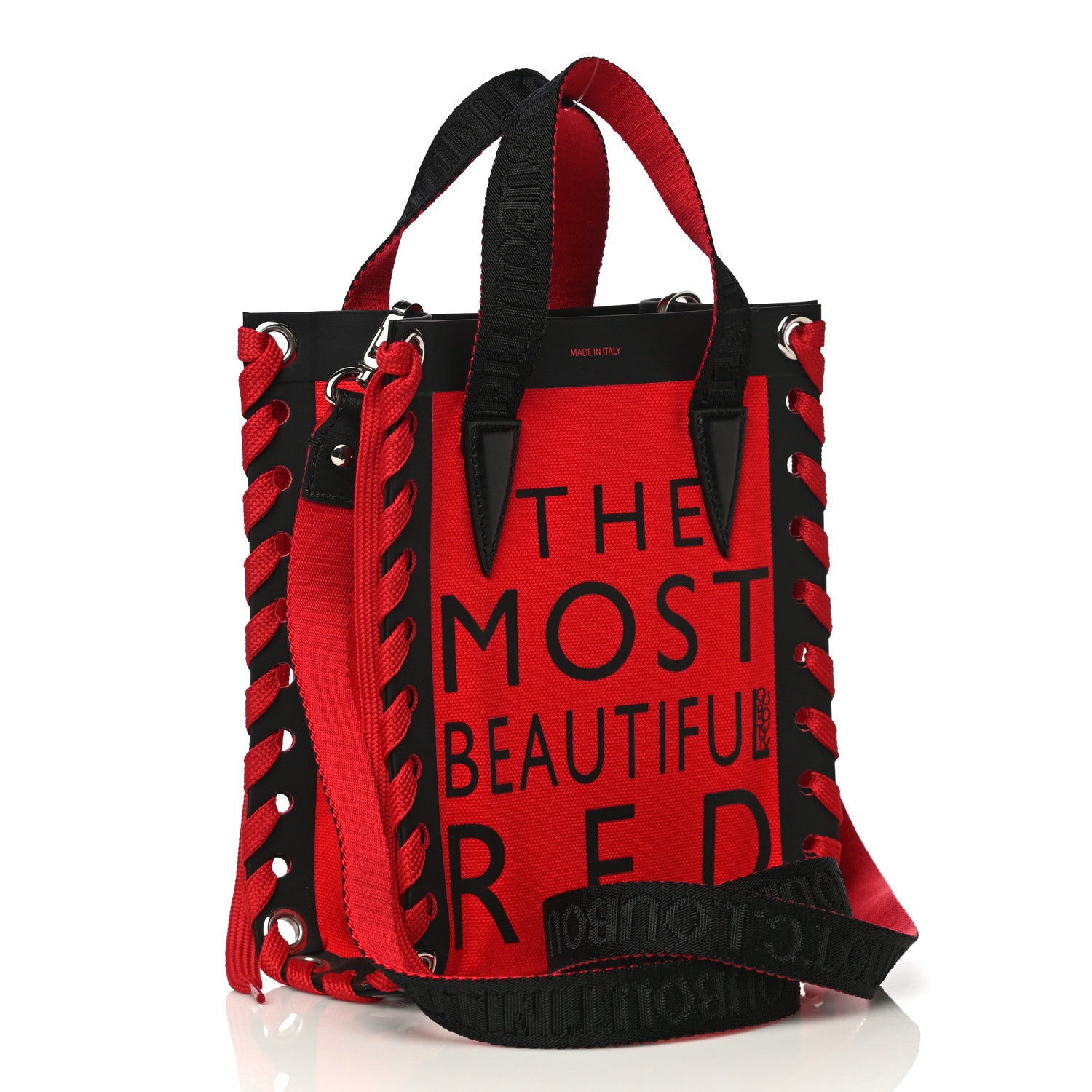 Christian Louboutin Braided Canvas Mini Cabalace Shopper Tote Red Black 3 of 13