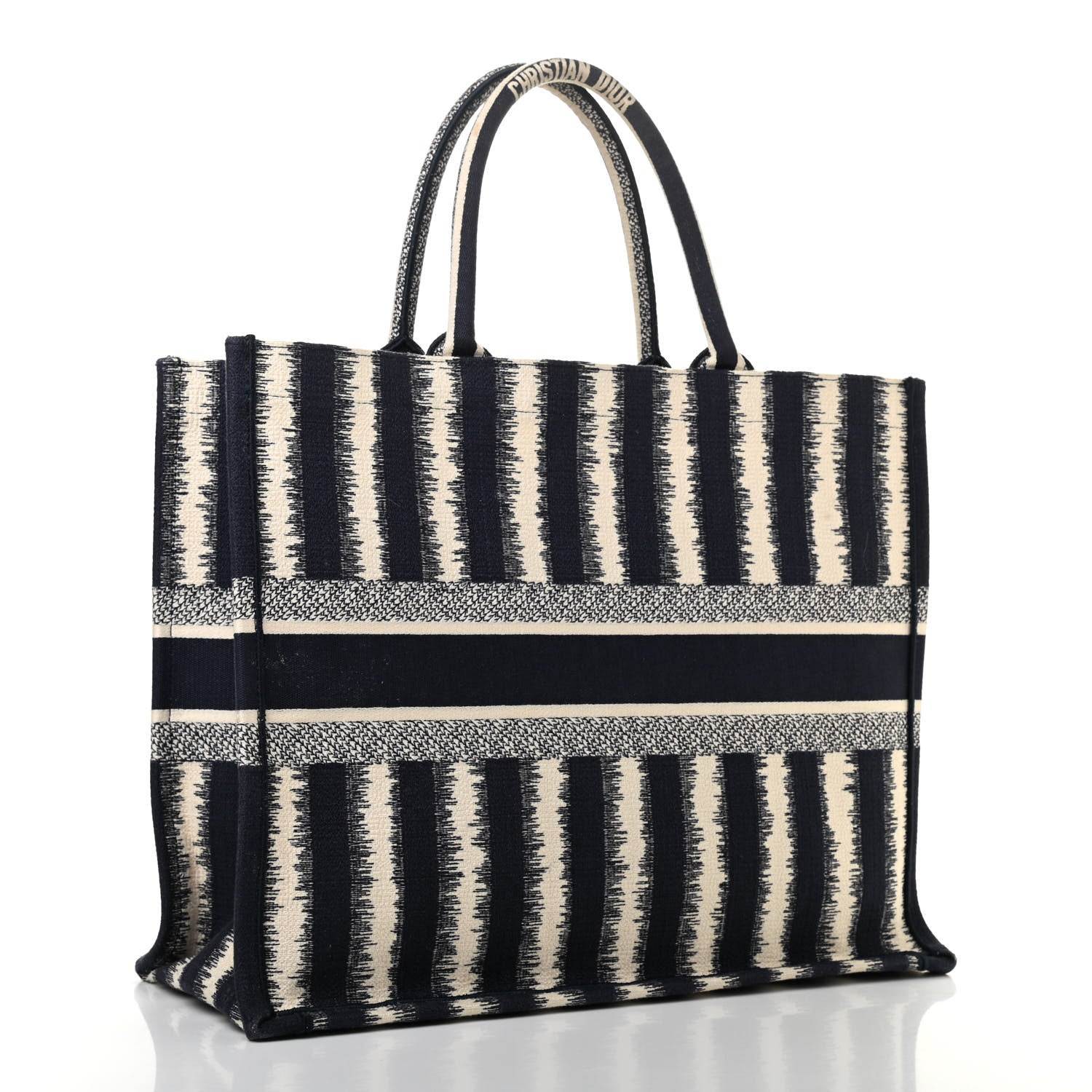 Christian Dior Canvas Embroidered Large Striped Book Tote Navy 2 of 11