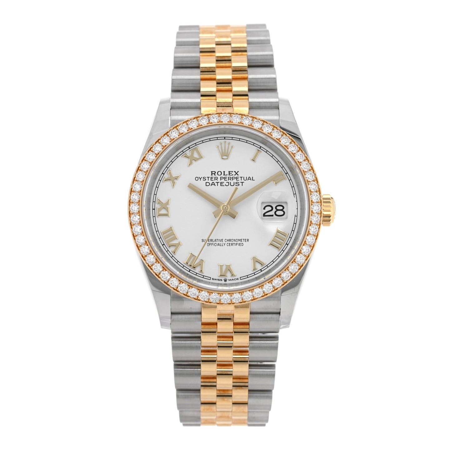 Stainless Steel 18K Yellow Gold Diamond Bezel 36mm Oyster Perpetual Datejust Watch White Roman 126283RBR