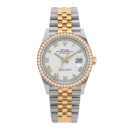 Rolex Stainless Steel 18K Yellow Gold Diamond Bezel 36mm Oyster Perpetual Datejust Watch White Roman 126283RBR 1 of 5