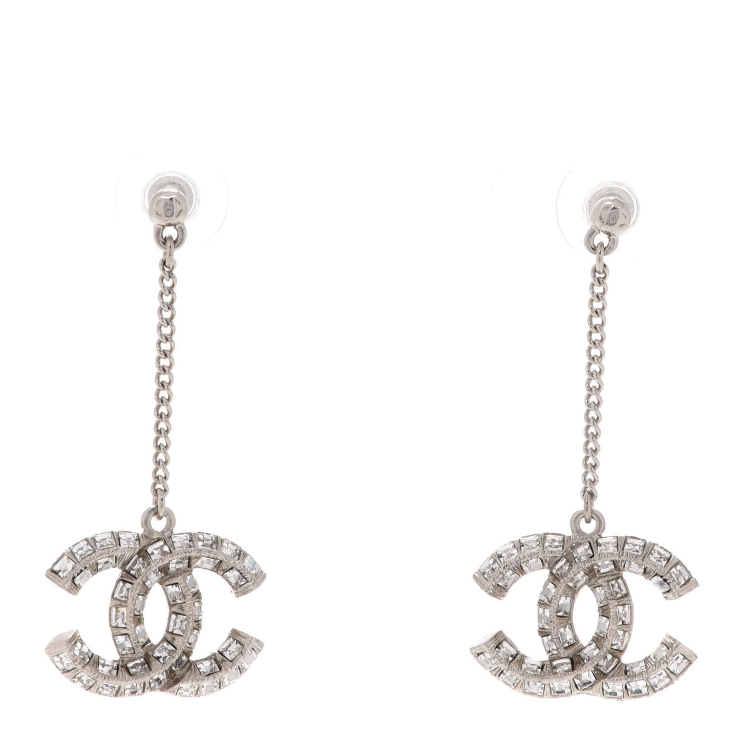 Baguette Crystal CC Drop Earrings Silver