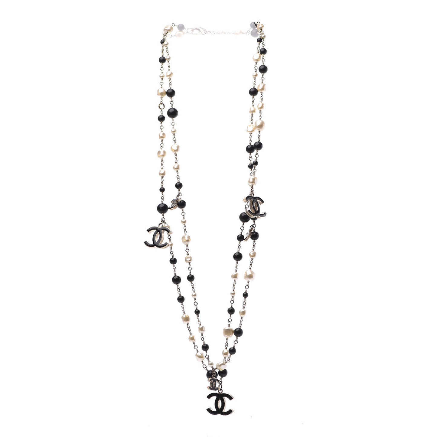 Pearl Bead Enamel CC Long Necklace Black Light Gold