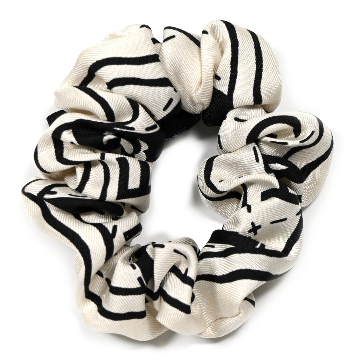 Silk Twill Square Scarf Hair Tie Ecru Black