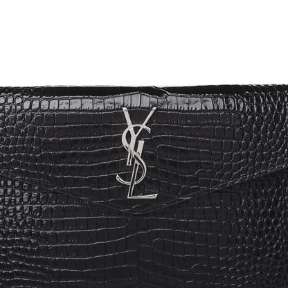 Saint Laurent Calfskin Crocodile Embossed Uptown Monogram Clutch Black 5 of 8