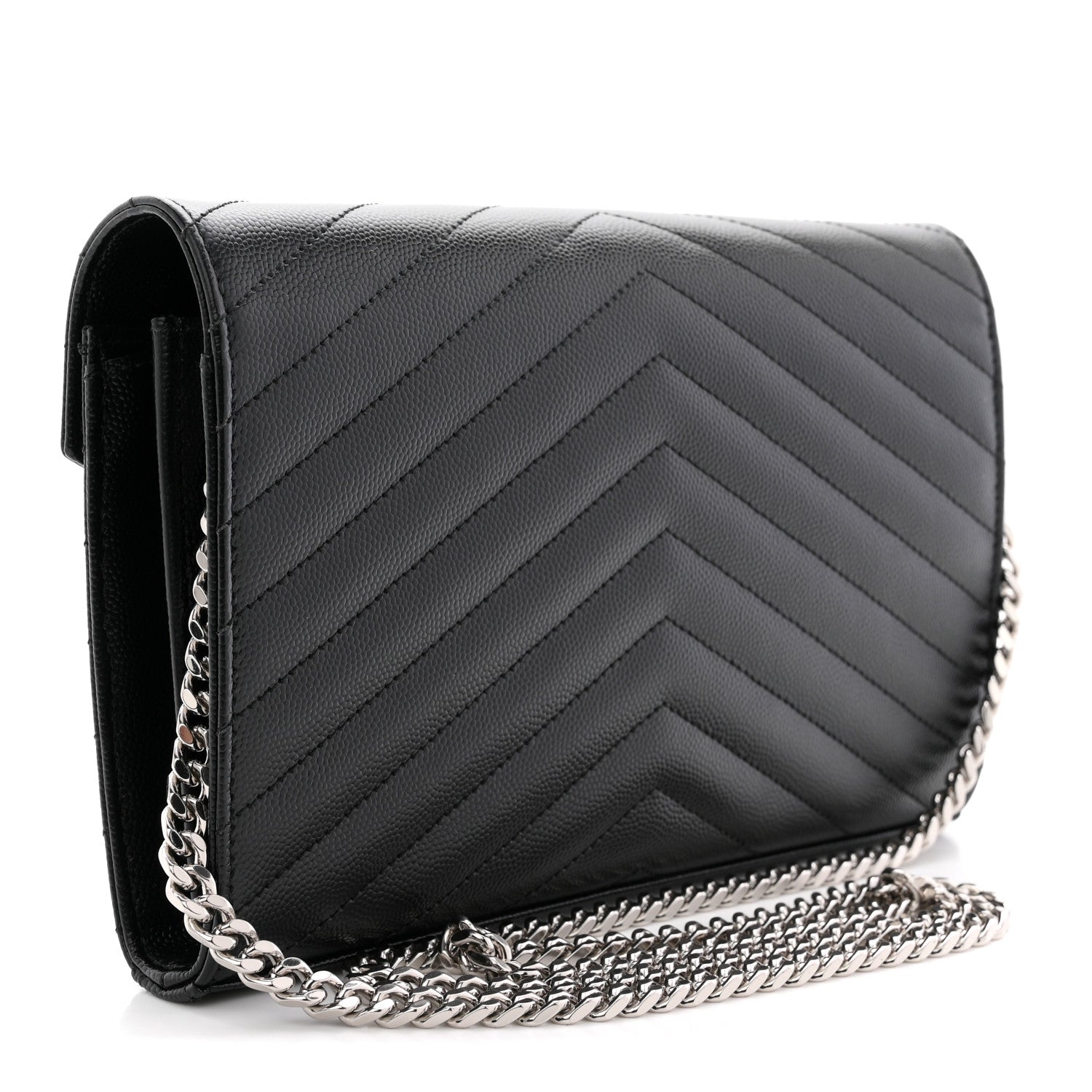 Saint Laurent Grain De Poudre Matelasse Chevron Monogram Chain Wallet Black 3 of 11