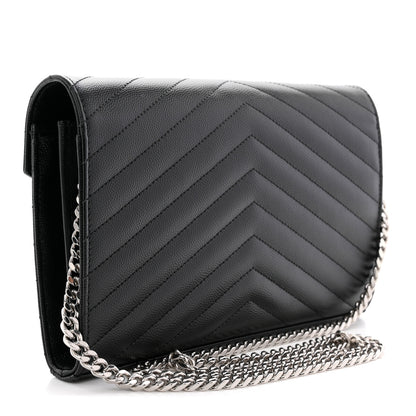 Saint Laurent Grain De Poudre Matelasse Chevron Monogram Chain Wallet Black 3 of 11