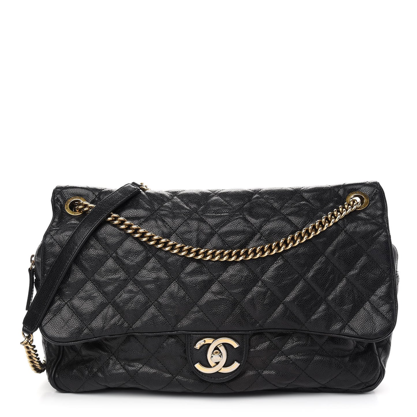Crumpled Grained Calfskin Quilted Maxi Shiva Flap Black