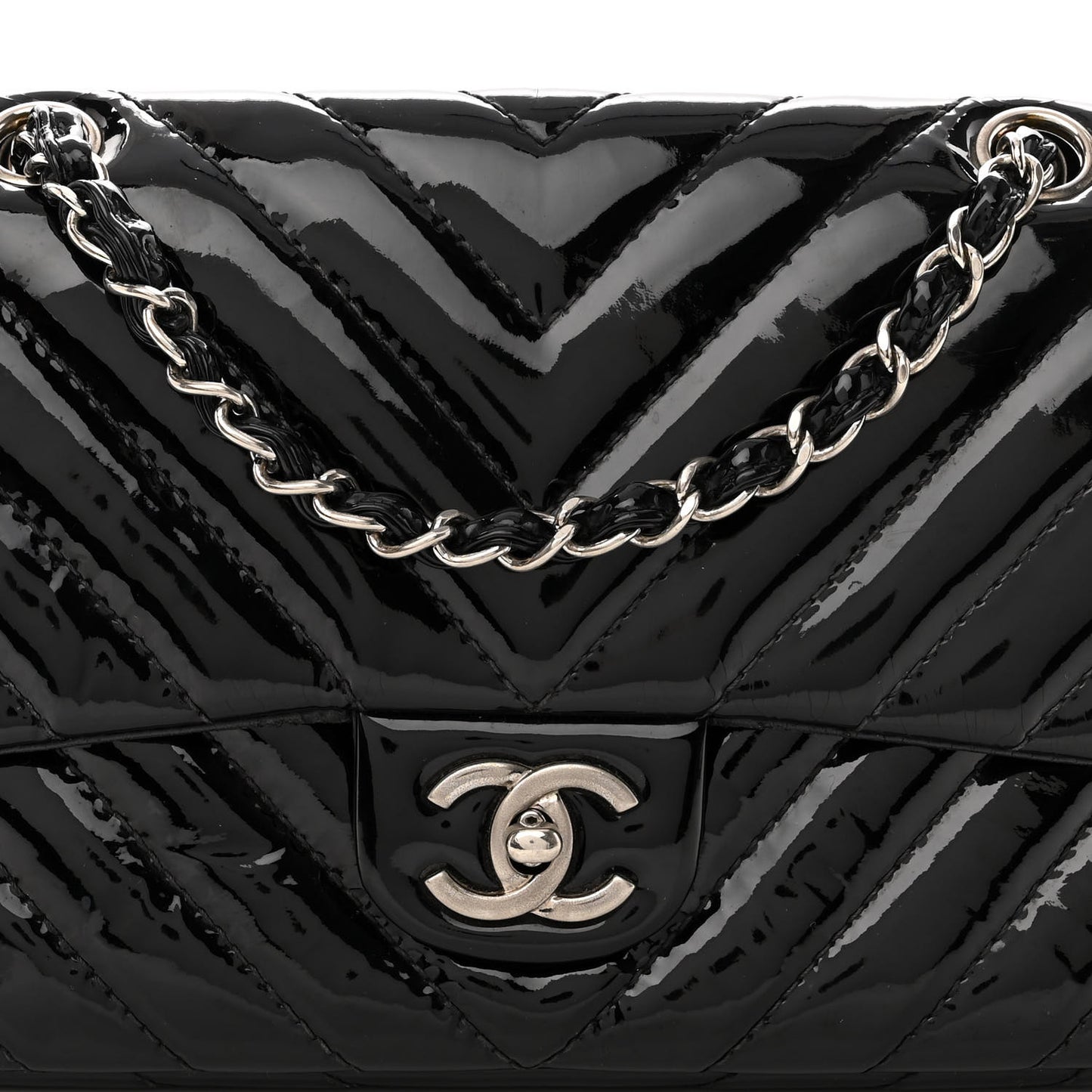 Patent Chevron Quilted Medium Single Flap Black