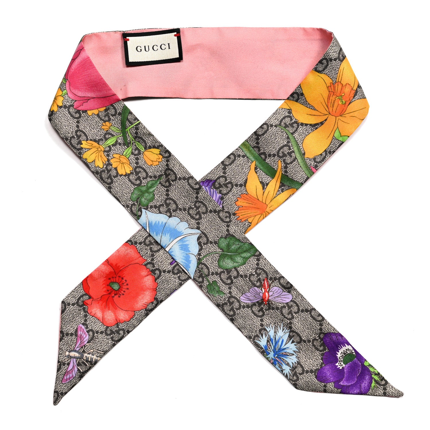 Gucci Silk Twill GG Monogram Special Flory Neck Bow Scarf Beige Pink 1 of 5