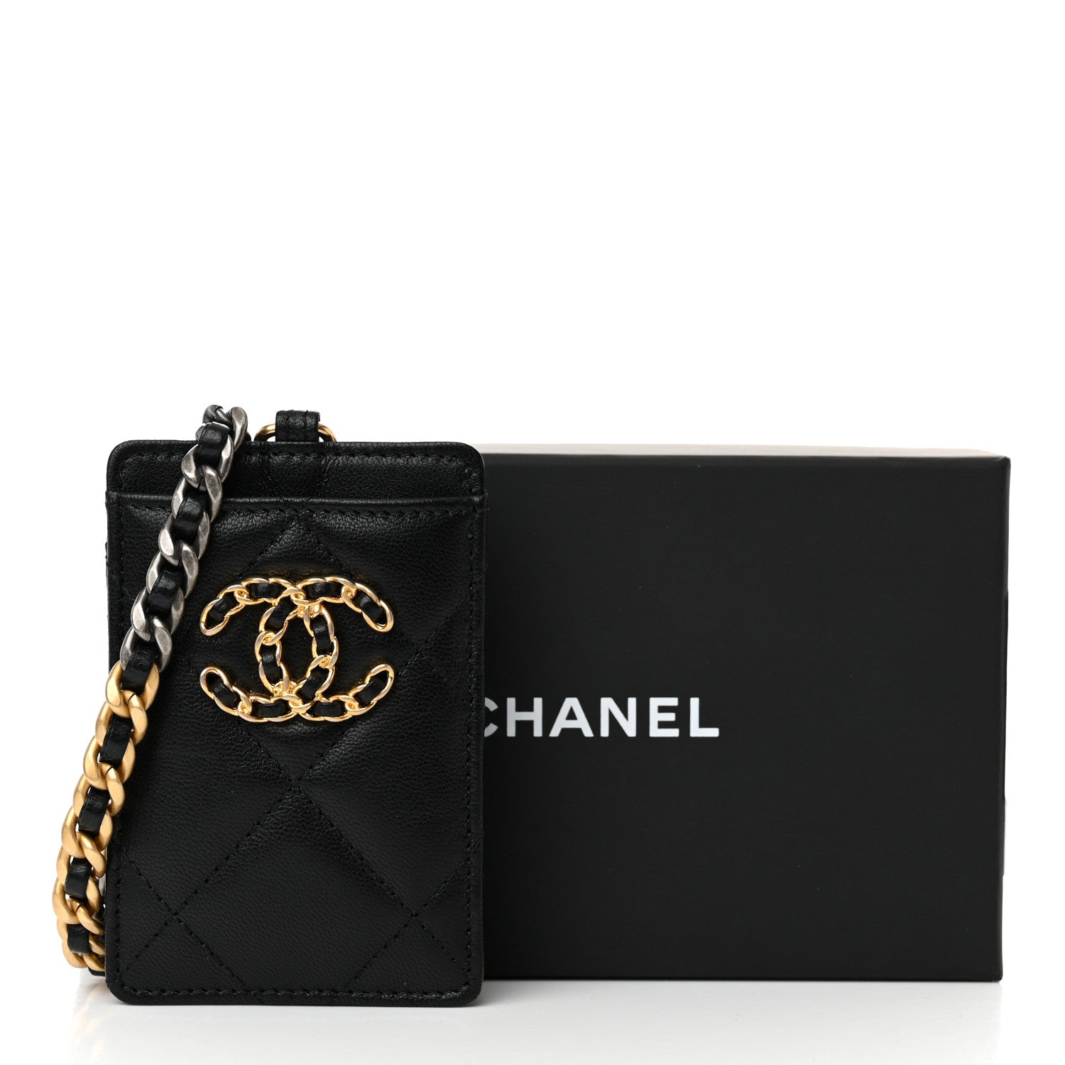 Chanel Shiny Goatskin Quilted Chanel 19 Card Holder On Chain Black 11 of 11