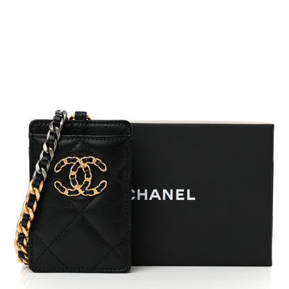 Chanel Shiny Goatskin Quilted Chanel 19 Card Holder On Chain Black 11 of 11