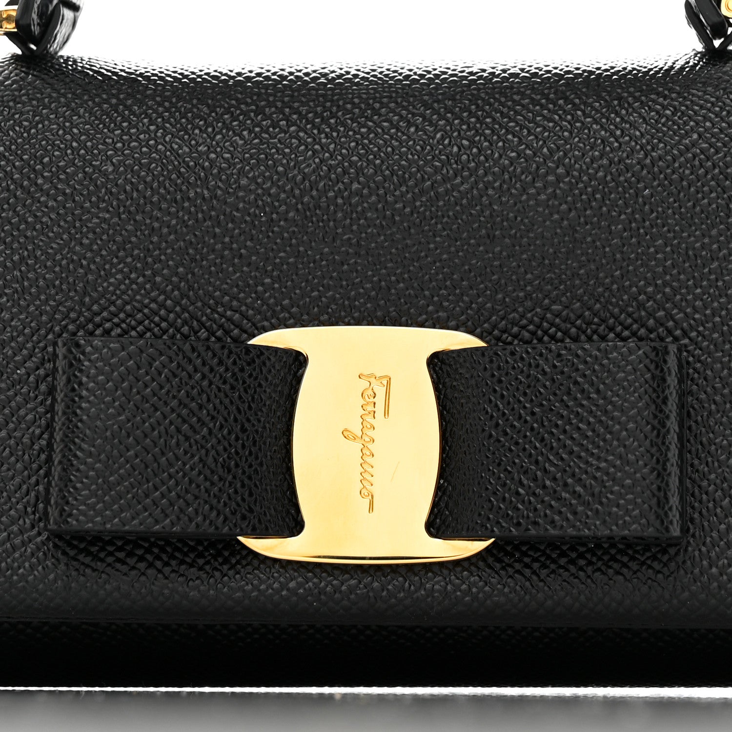 Salvatore Ferragamo Hammered Calfskin Mini Vera Bow Handle Bag Black 8 of 11