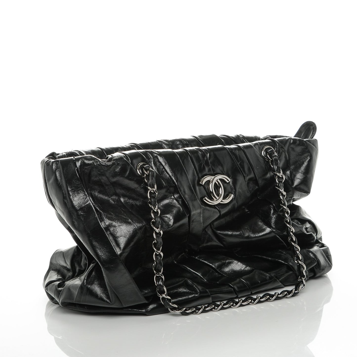 Glazed Calfskin Large Twisted Tote Black