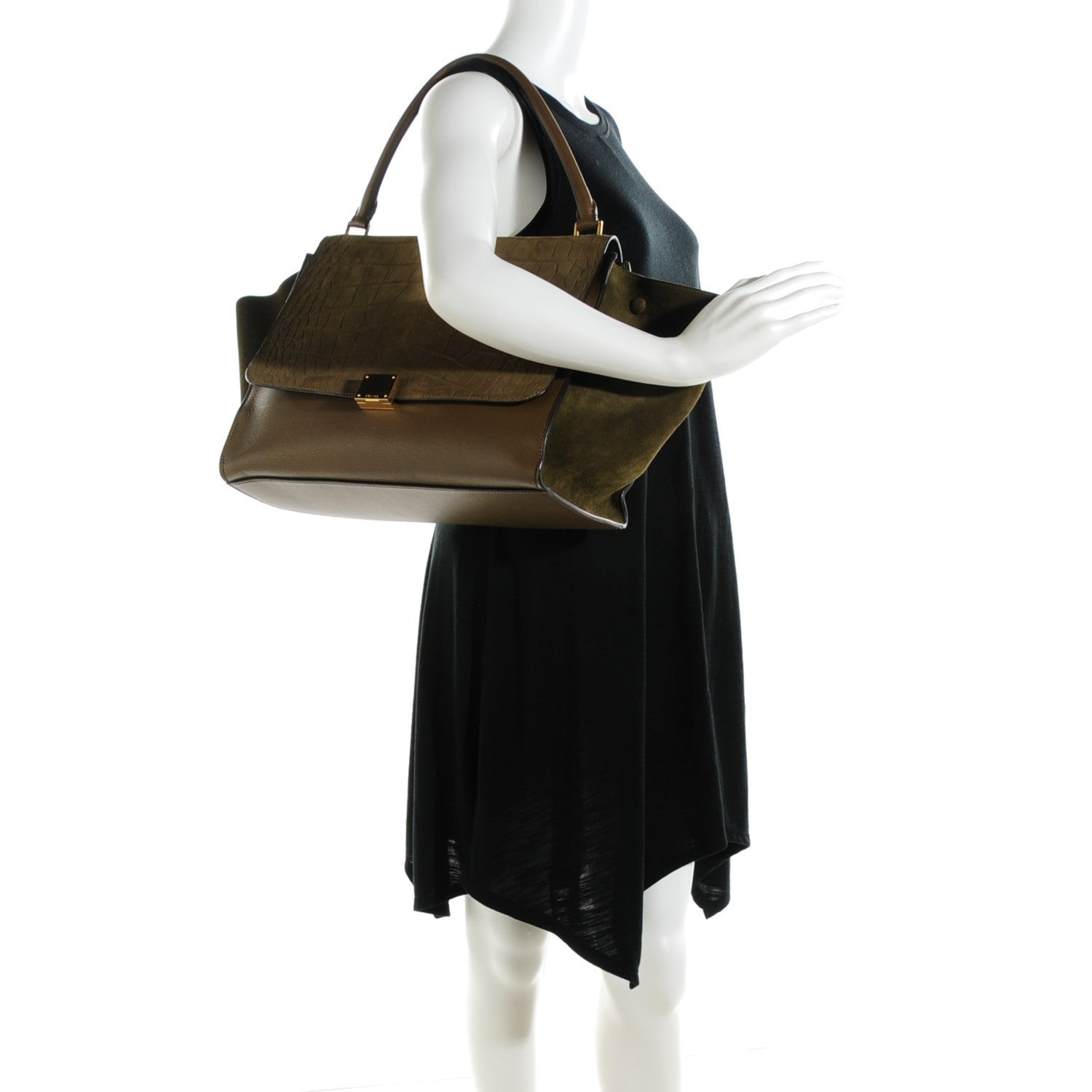 Celine Nubuck Crocodile Embossed Large Trapeze Olive 2 of 8