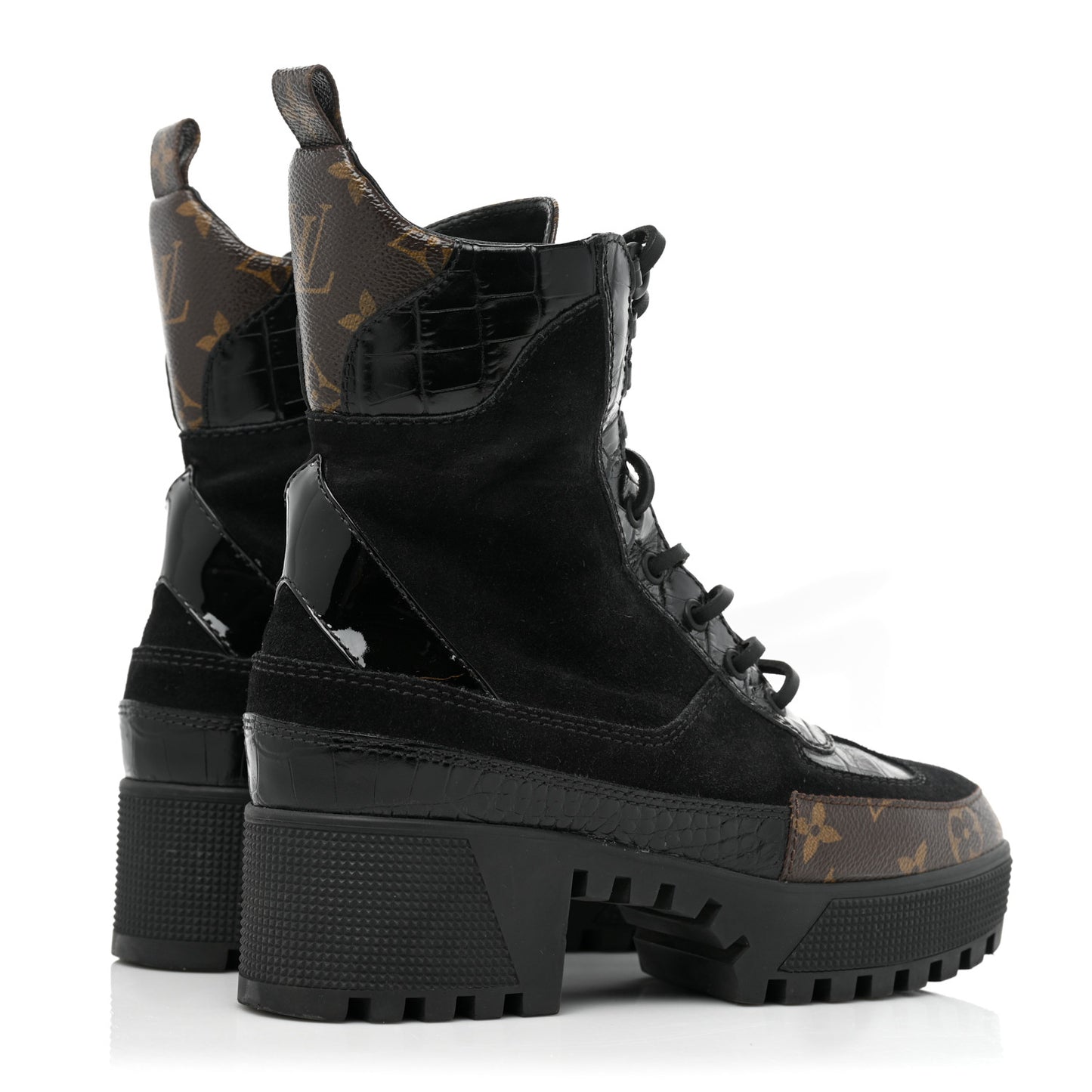 Suede Calfskin Crocodile Embossed Patent Monogram Laureate Platform Desert Boots 37 Black