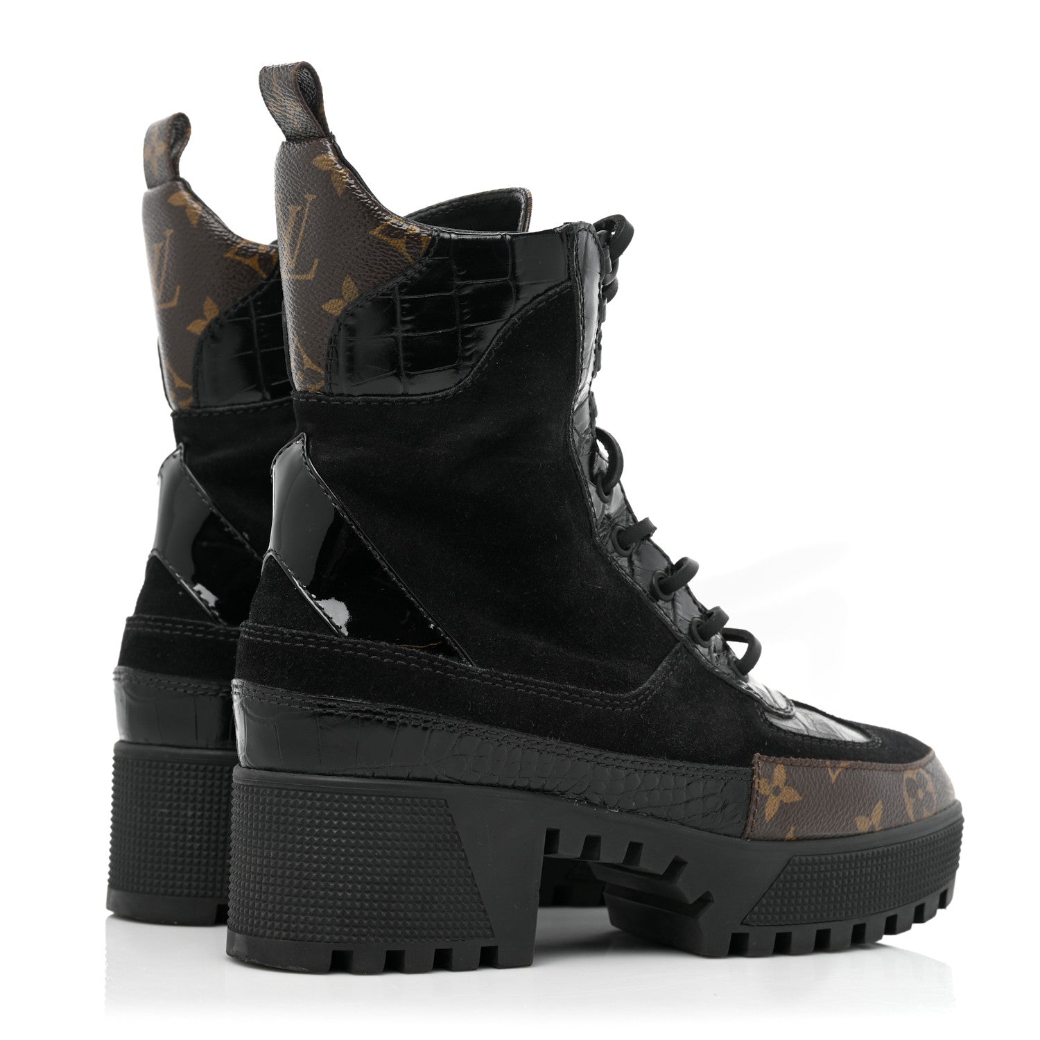 Louis Vuitton Suede Calfskin Crocodile Embossed Patent Monogram Laureate Platform Desert Boots 37 Black 4 of 14