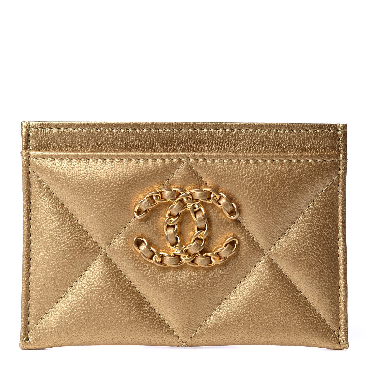 Chanel Metallic Goatskin Quilted Chanel 19 Card Holder Gold 1 of 10