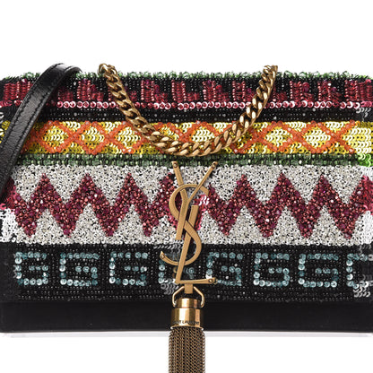 Saint Laurent Suede Sequin Bead Embellished Classic Monogram Kate Tassel Chain Wallet Black Multicolor 9 of 9