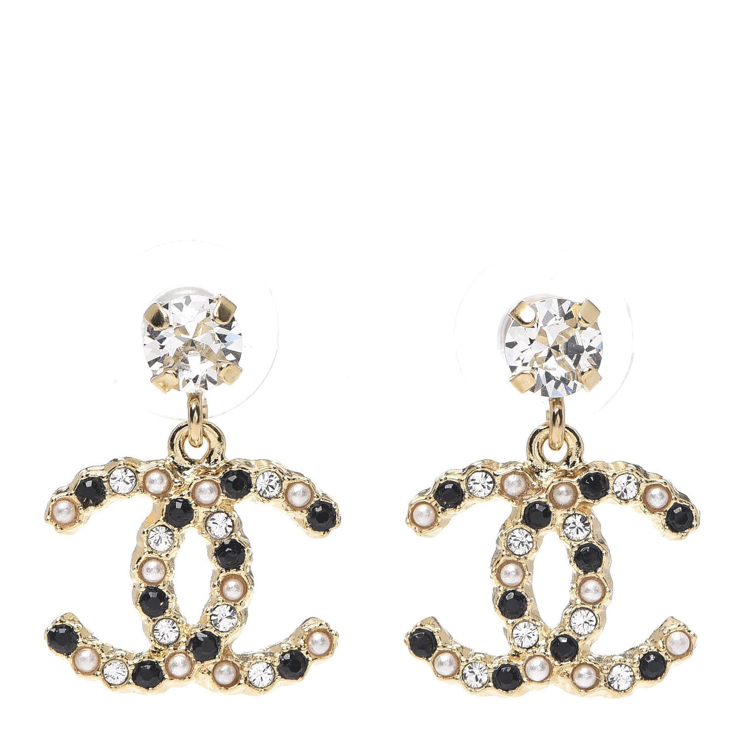 Resin Crystal Pearl CC Drop Earrings Gold Black