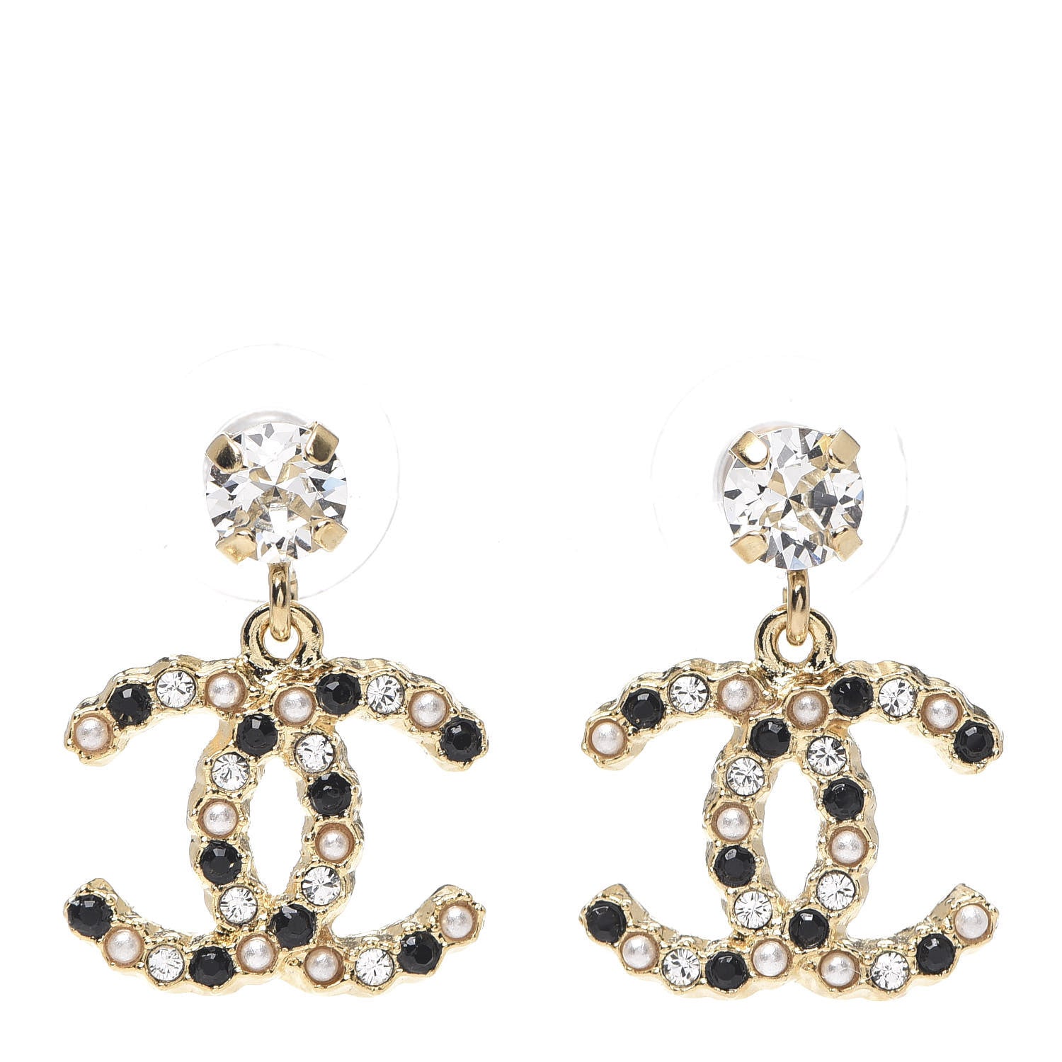 Chanel Resin Crystal Pearl CC Drop Earrings Gold Black 1 of 4