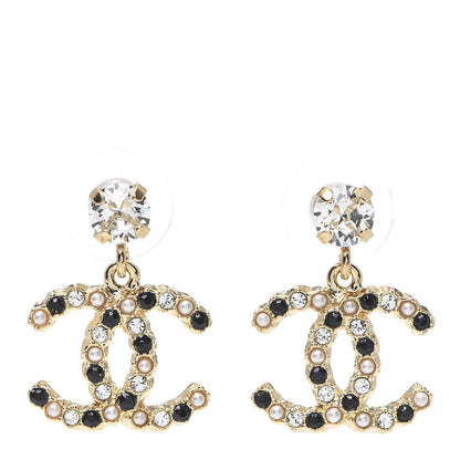 Chanel Resin Crystal Pearl CC Drop Earrings Gold Black 1 of 4