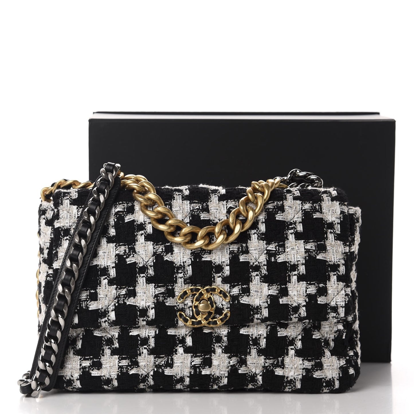 Tweed Quilted Large 19 Flap Black Ecru White