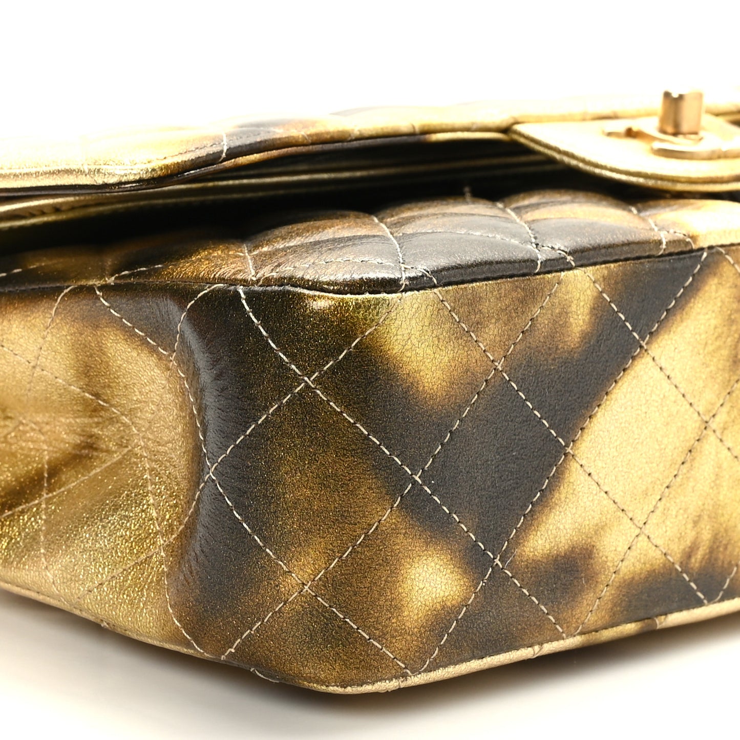 Metallic Goatskin Quilted Medium Double Flap Gold Black