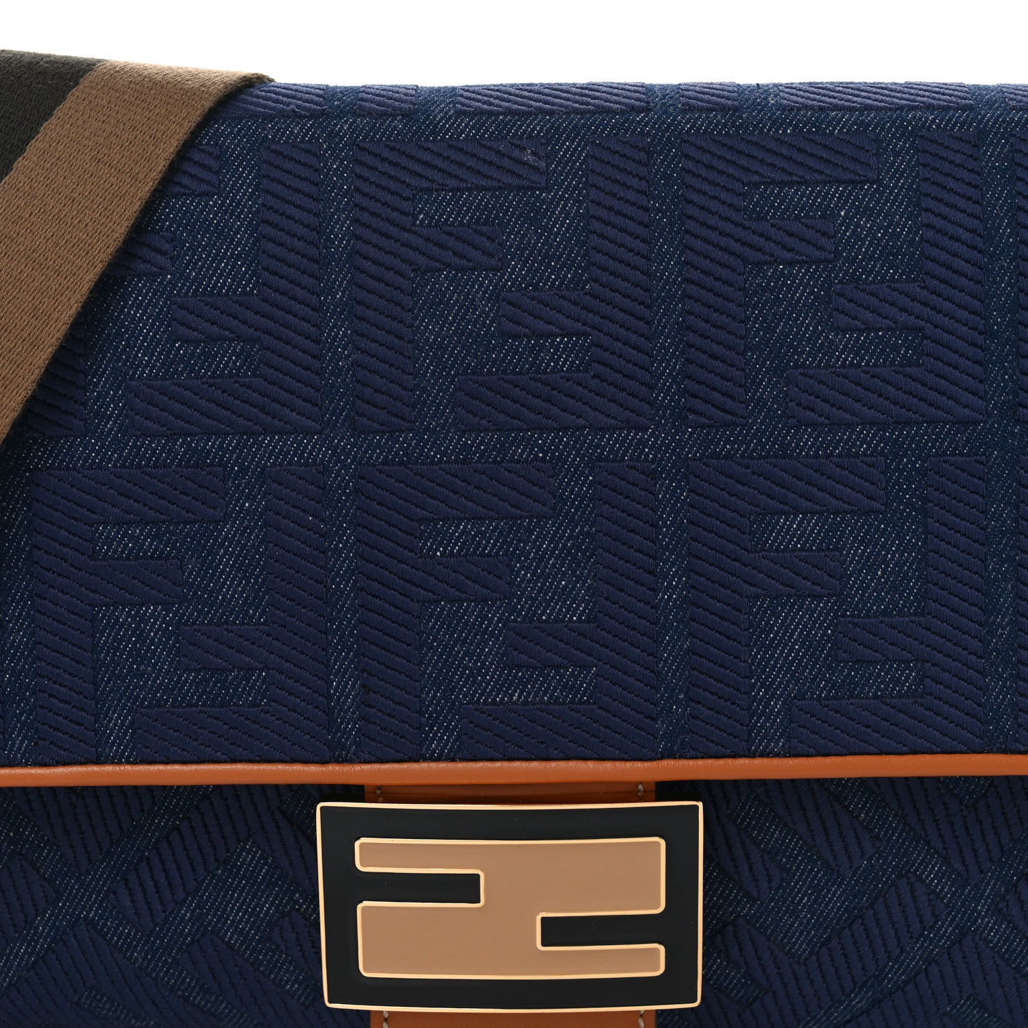 Fendi Denim Vitello King FF Embroidered Large Baguette Blue Cuoio 8 of 10