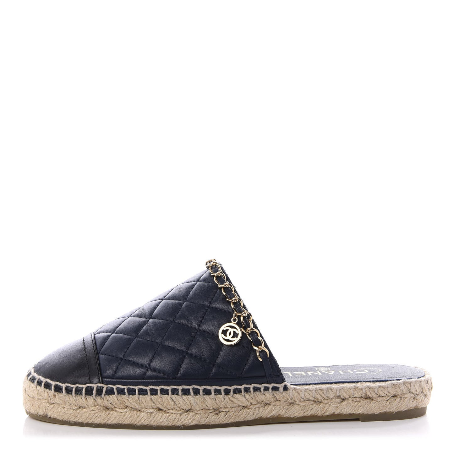 Lambskin Quilted CC Chain Espadrille Mules 38 Black Navy