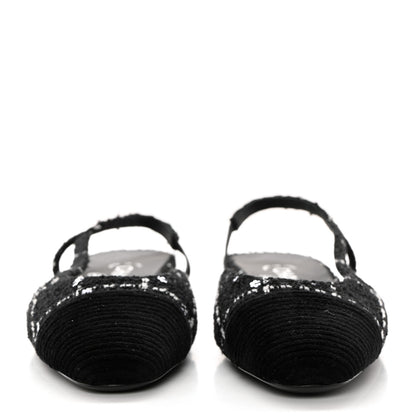 Chanel Tweed Sequins Corduroy Cap Toe CC Slingback Flats 37 Black White 2 of 10