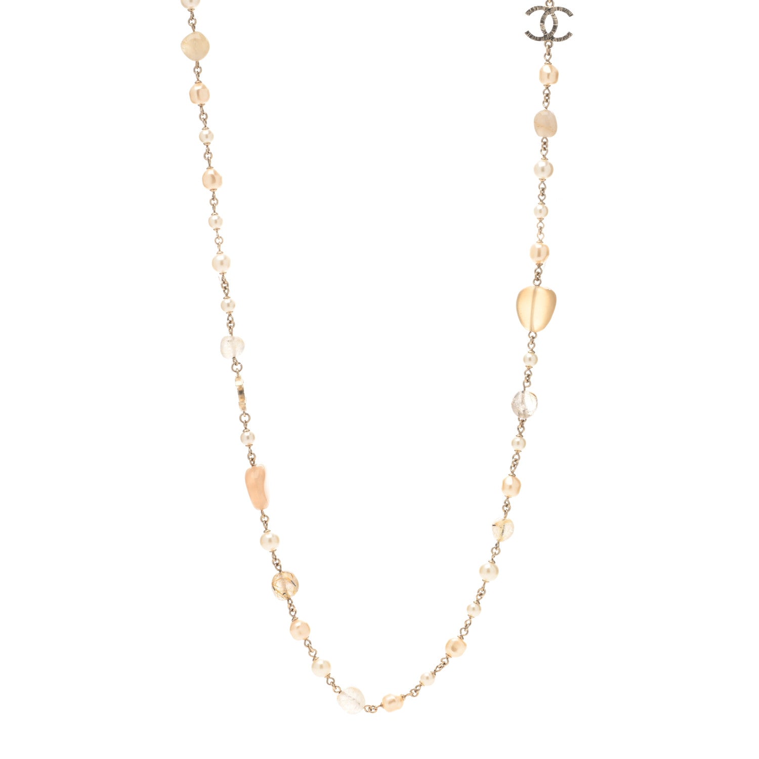 Chanel Pearl Crystal Bead Chain CC Long Necklace Gold 1 of 3