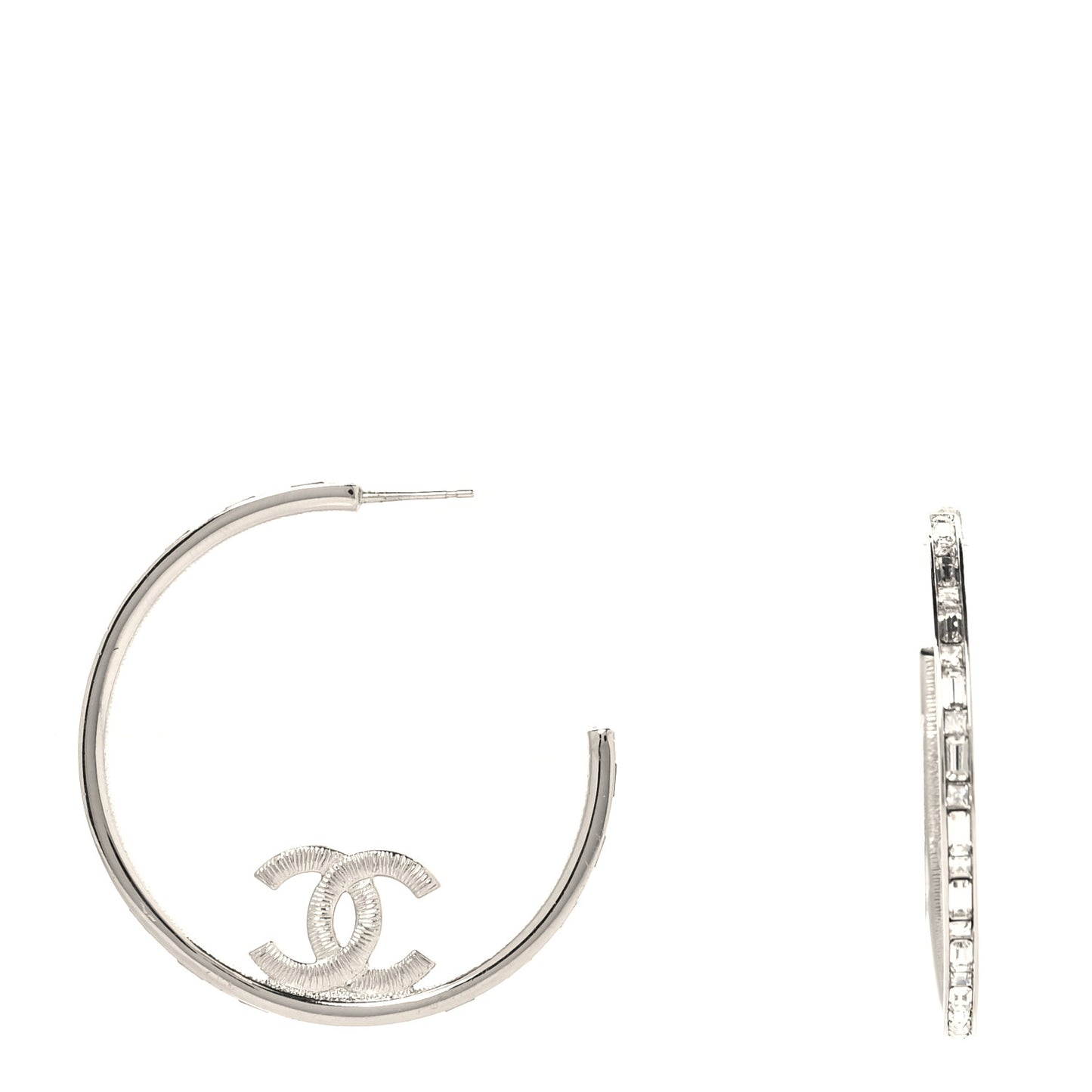Metal Crystal Baguette CC Large Hoop Earrings Silver