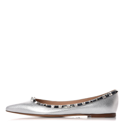 Valentino Garavani Metallic Pebbled Calfskin Rockstud Ballerina Flats 38 Silver 1 of 8