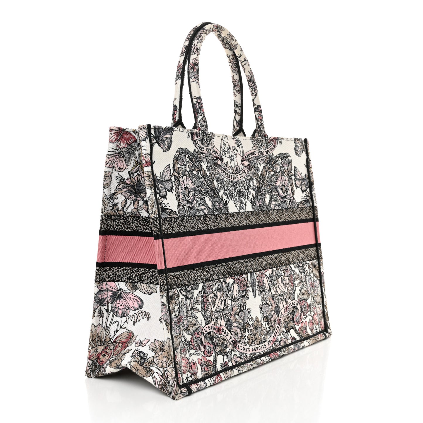 Canvas Embroidered Large Butterfly Around The World Book Tote White Pastel Pink
