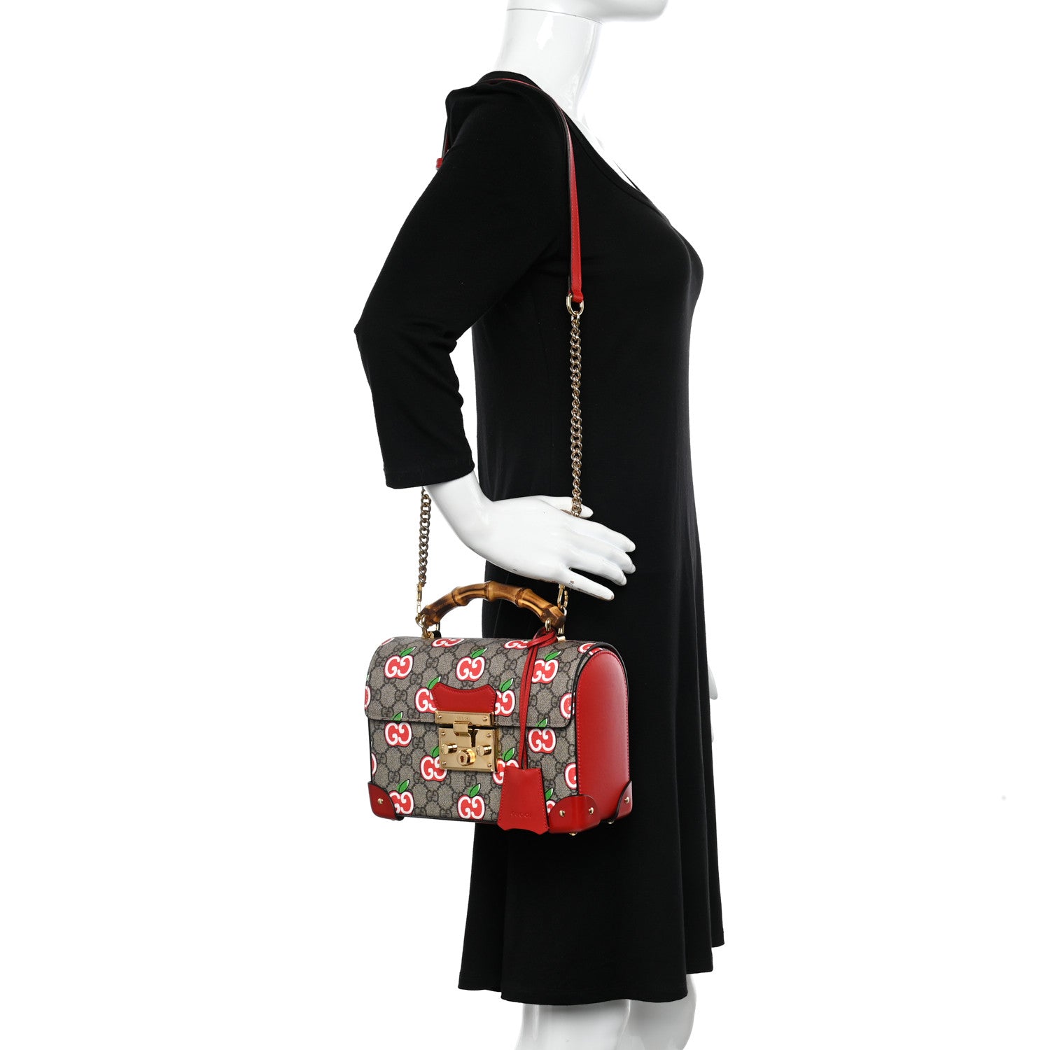 Gucci GG Supreme Monogram Apple Small Padlock Bamboo Shoulder Bag Beige Multicolor Lobster Red 2 of 10