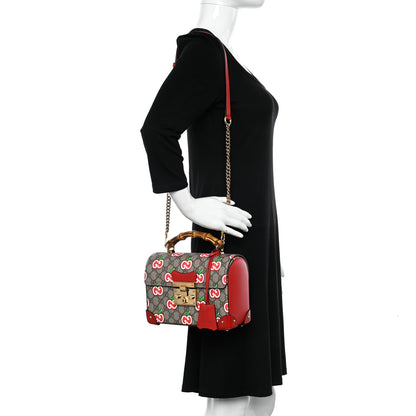 Gucci GG Supreme Monogram Apple Small Padlock Bamboo Shoulder Bag Beige Multicolor Lobster Red 2 of 10