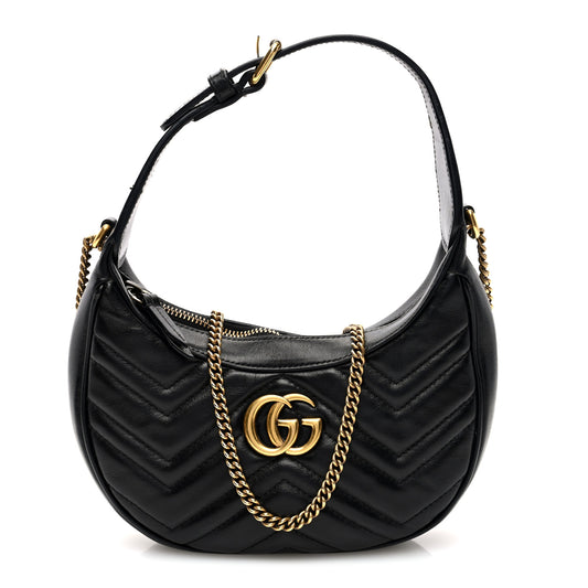 Calfskin Matelasse Chevron Mini GG Marmont Half Moon Hobo Black
