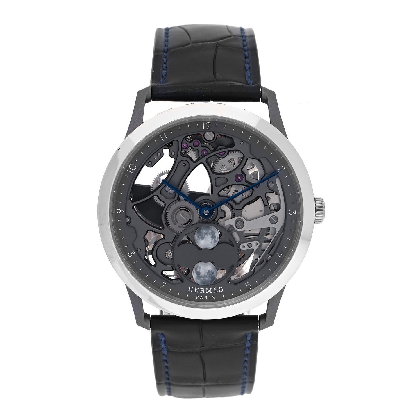 Platinum Titanium Alligator 39.5mm Slim d'Hermes Squelette Lune Automatic Watch Graphite