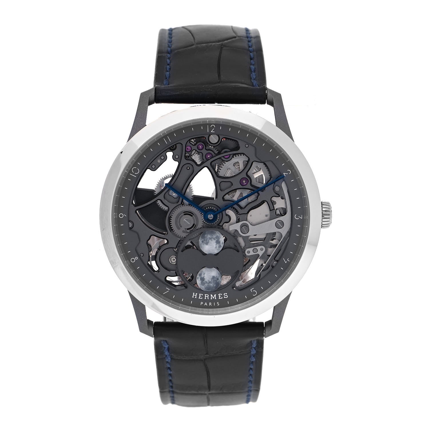 Hermes Platinum Titanium Alligator 39.5mm Slim d'Hermes Squelette Lune Automatic Watch Graphite 1 of 5