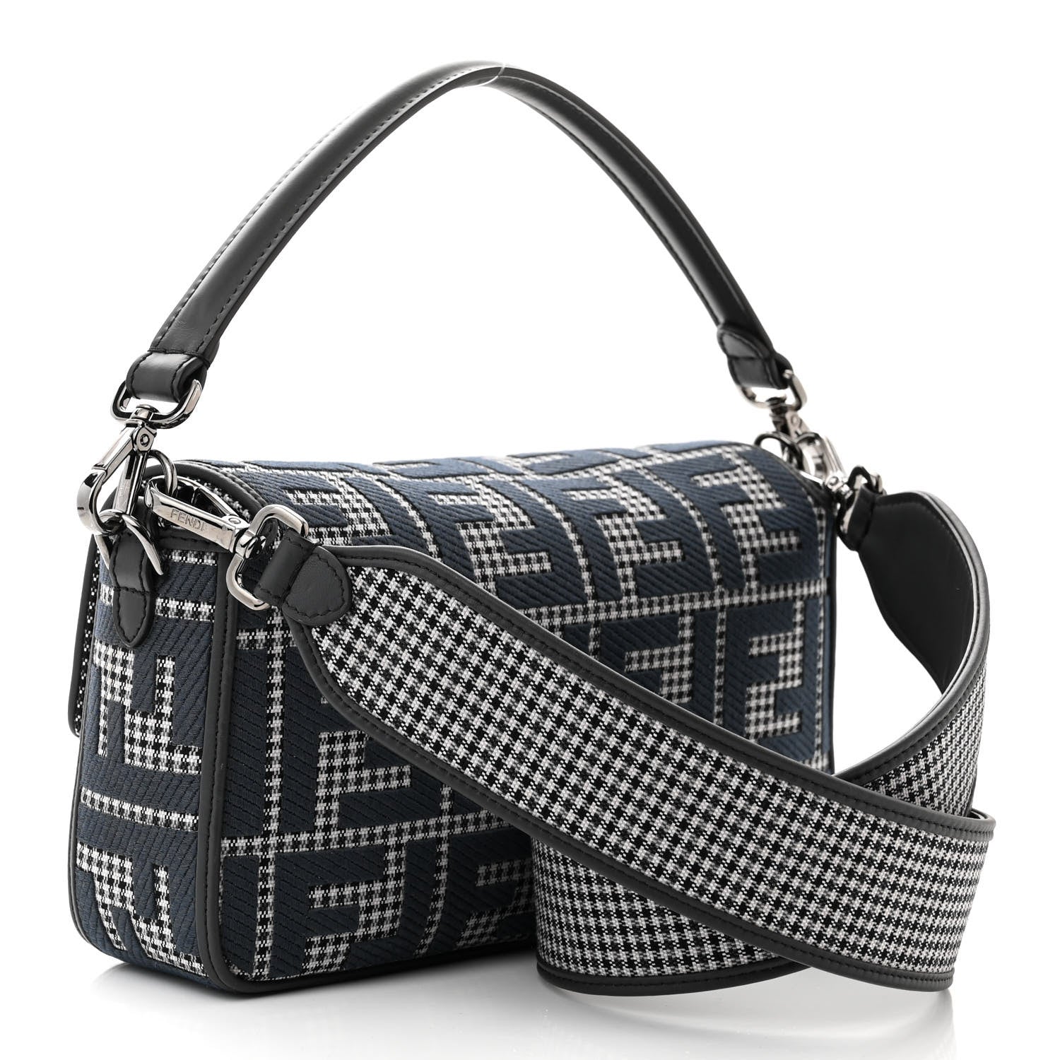 Fendi Wool Vitello King Houndstooth FF Embroidered Baguette Grigio Anthracite 3 of 13