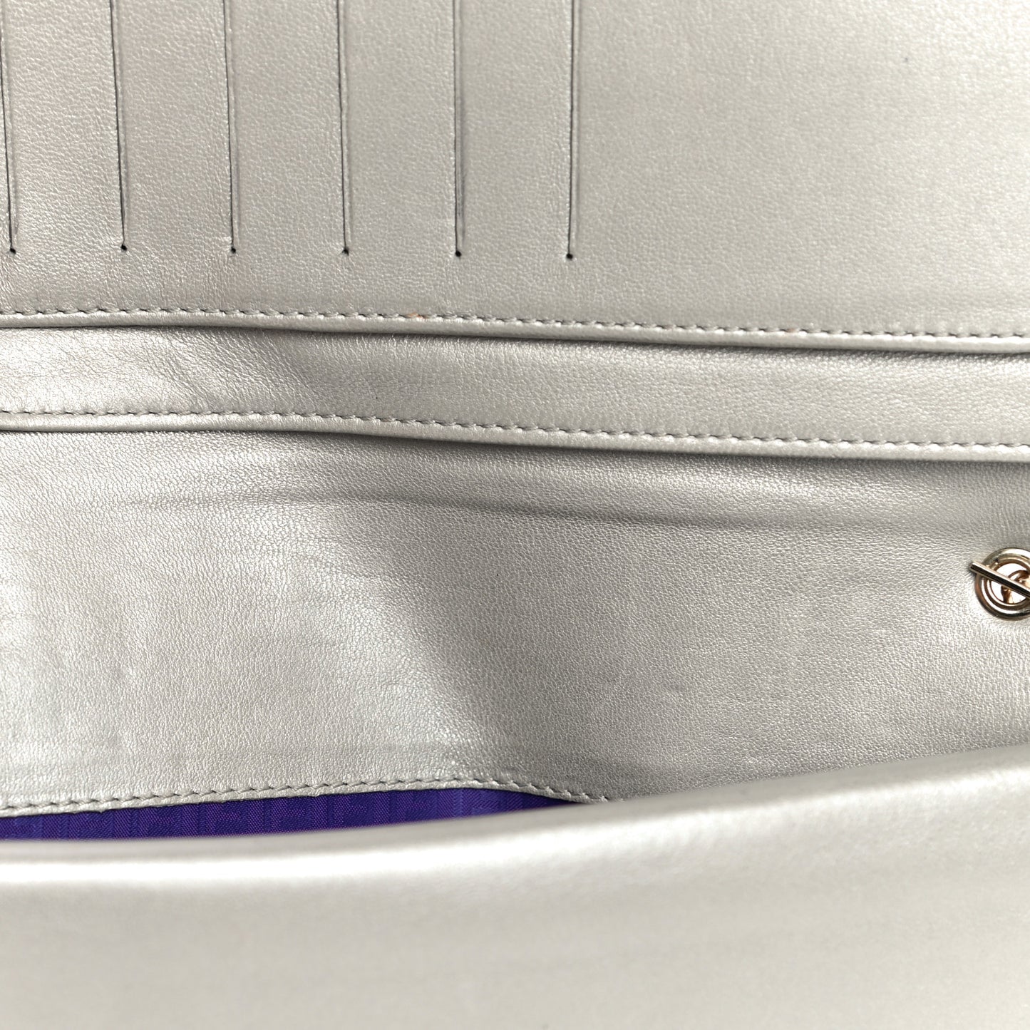 Metallic Nappa Logo Embossed Long Wallet On Chain Silver