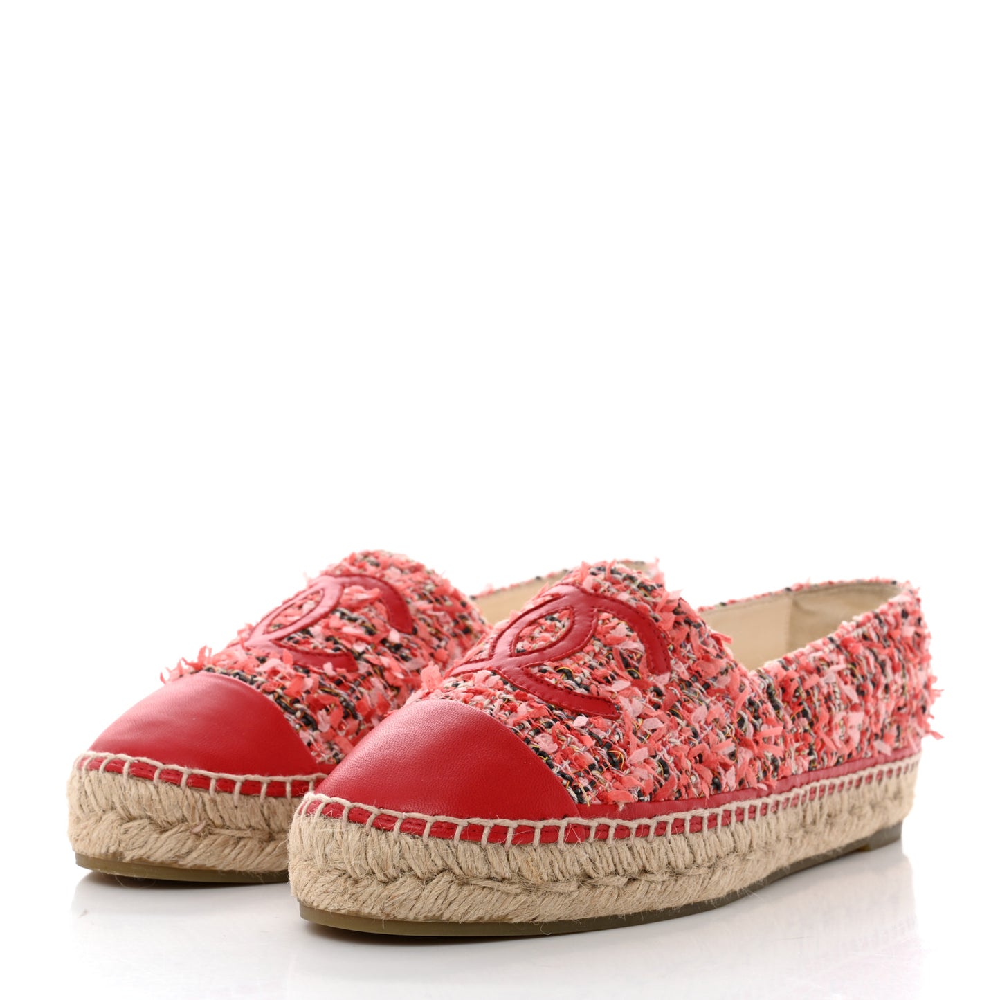 Tweed Lambskin CC Espadrilles 39 Coral Pink Black Red