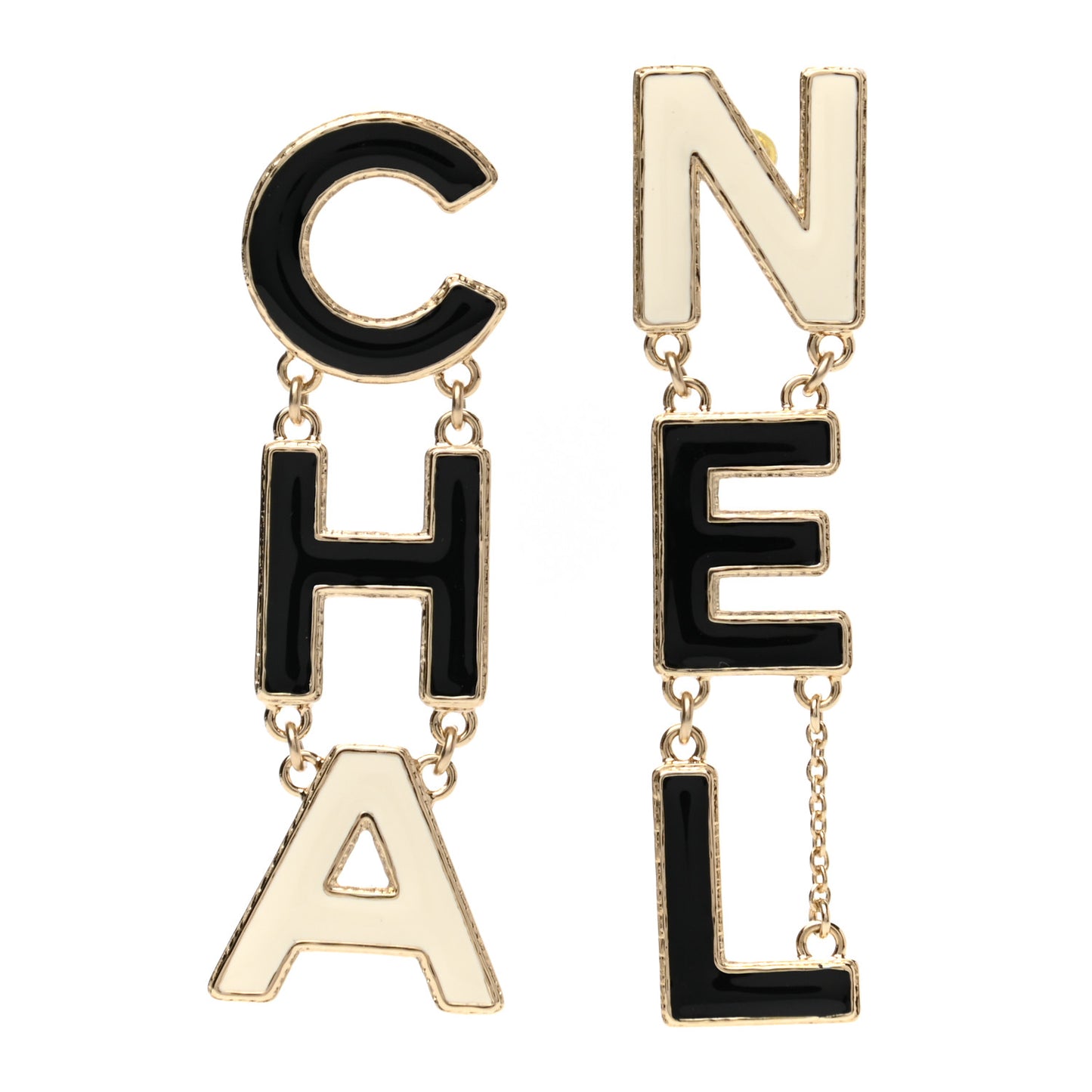 Metal Enamel Cha-Nel Logo Drop Earrings Black White